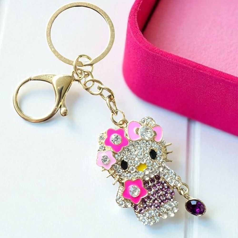 Cute Purple And Clear Crystal Flower Hello Kitty Keychain